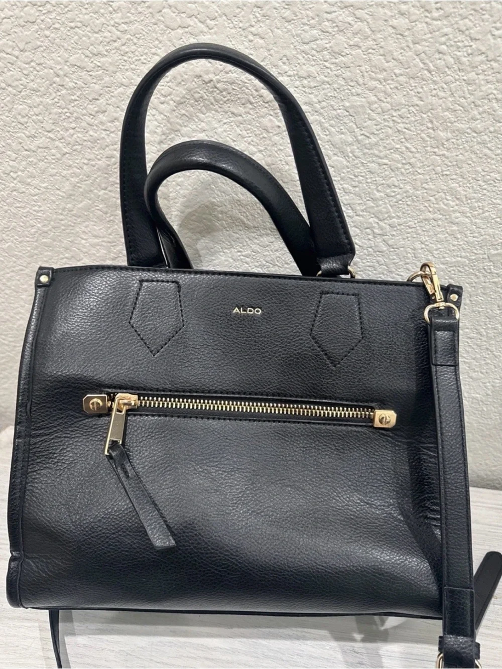 ALDO Black Leather Satchel Tote Crossbody Bag Gold Hardware Women’s Handbag